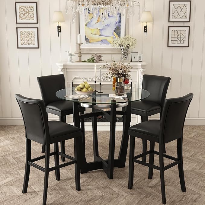 42" Round High Top Glass Dining Table, 42" Bar Height, Solid Wood Base & 1/2" Tempered Glass - Modern Kitchen & Dining Room Furniture
