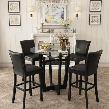 42" Round High Top Glass Dining Table, 42" Bar Height, Solid Wood Base & 1/2" Tempered Glass - Modern Kitchen & Dining Room Furniture