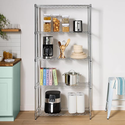 Basics 5-Shelf Adjustable Heavy Duty Steel Wire Rack, Space Saving Storage Shelving Organizer for Kitchen, Garage, No-Tool Assembly, 350 lbs Weight Capacity, 36" x 14" x 72", Chrome
