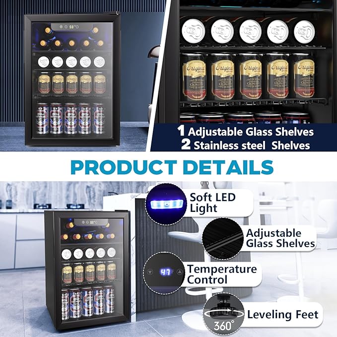 Electactic 2.6 Cu.ft Beverage Refrigerator Cooler, 95 Can Mini Fridge Glass Door with Adjustable Shelves, Digital Temperature Display, Freestanding Small Drink Fridge for Home, Office or Bar(Black)