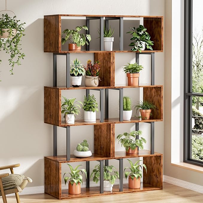Furologee 6 Tier Bookshelf, Tall S Shaped Geometric Bookcase, Modern Display Shelf Standing Unit, Wood Metal Decorative Divider Rack for Living Room Bedroom Office, Rustic Brown | Tall, Bookcase, Display, Book Shelf, Decorative, Bookshelves