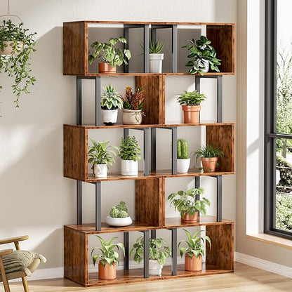 Furologee 6 Tier Bookshelf, Tall S Shaped Geometric Bookcase, Modern Display Shelf Standing Unit, Wood Metal Decorative Divider Rack for Living Room Bedroom Office, Rustic Brown | Tall, Bookcase, Display, Book Shelf, Decorative, Bookshelves