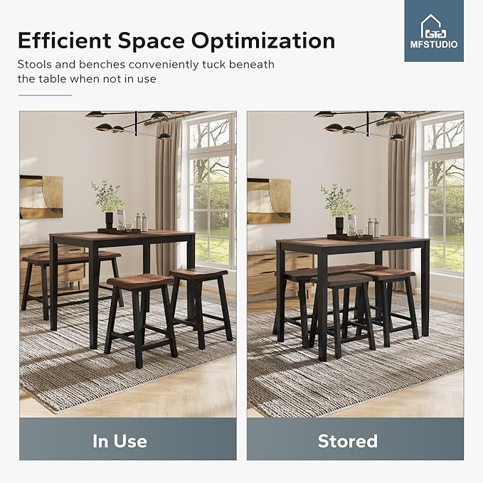 MFSTUDIO Dining Table Set for 4, Counter Height Table and Chairs, Kitchen Table Set with Bench, Breakfast Bar Table and Chairs Set Space Saving, Walnut & Black
