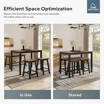 MFSTUDIO Dining Table Set for 4, Counter Height Table and Chairs, Kitchen Table Set with Bench, Breakfast Bar Table and Chairs Set Space Saving, Walnut & Black