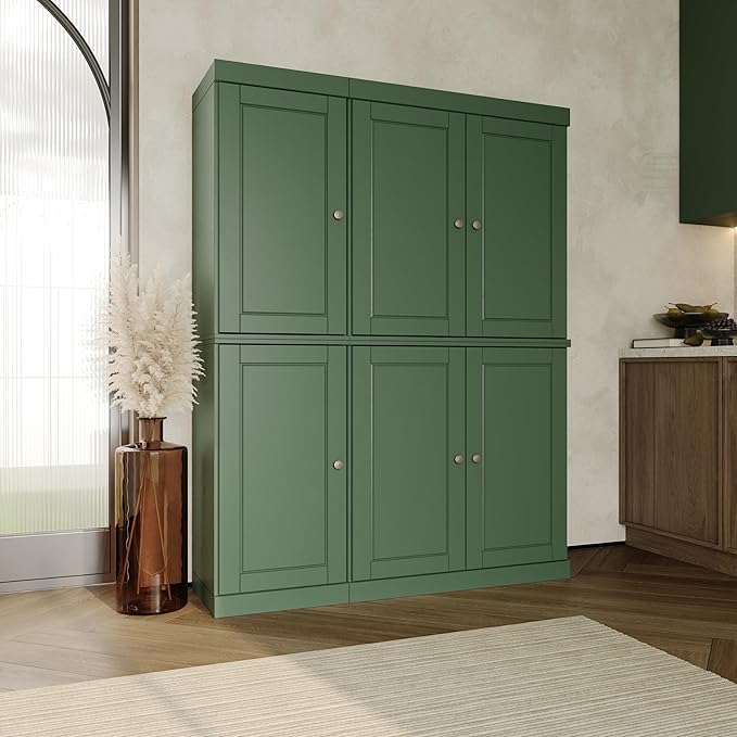 Palace Imports Solid Wood Kitchen Pantry Cabinet - 71.5" Tall x 48.5" Wide - Freestanding Storage Pantry w/ 2-Drawer Kit & Adjustable Shelves - Green, Renewable Eco-Friendly 100% Wood, Made in Brazil