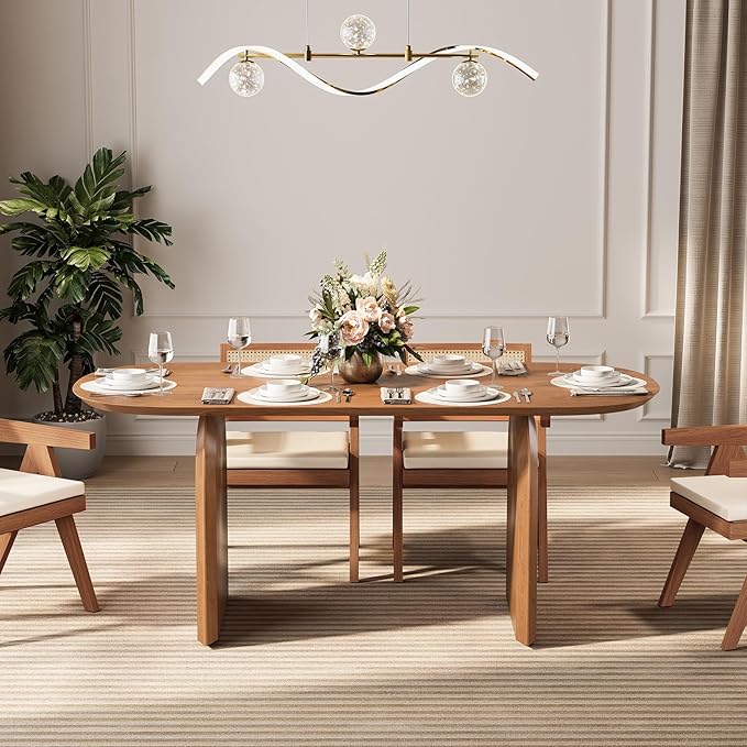homary Japandi Oval Dining Table for 4, 59.1 Inch Solid Pine Wood Kitchen Table, Modern Mid Century Minimalist Kitchen & Dining Room Table, Double Pedestal Base, Walnut