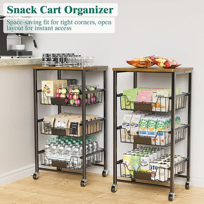 XYZLVSI Kitchen Storage Cart with Wheels, 4-Tier Metal Utility Rolling Cart Fruit Vegetable Storage Basket Pantry Rack with Wood Top & Pull Out Baskets for Kitchen, Livingroom, Diningroom, Office