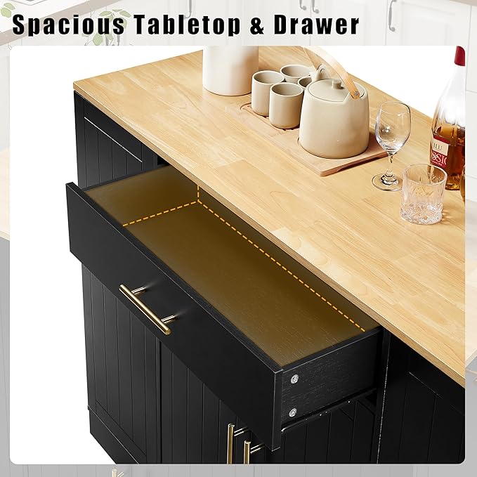 53 inch Large Kitchen Island Cart with Trash Can Storage Cabinet,Drawer and Adjustable Shelves,Breakfast Bar Cabinet for 13 Gallon Garbage Bin (Black+Oak@w)