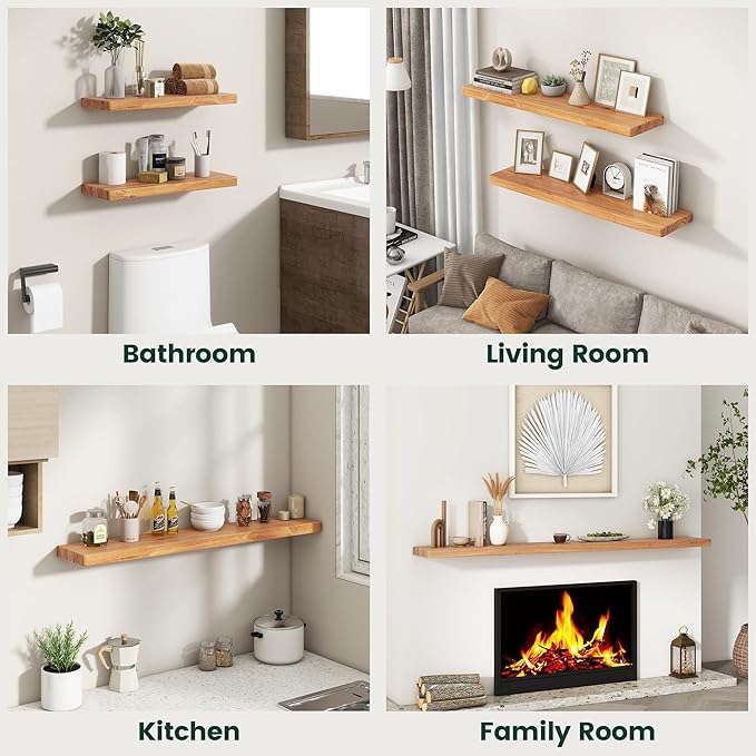 36 Inch Flat Edge Floating Shelves, 8 Inch Deep Solid Elm Wood Wall Shelf, Heavy-Duty Wall Mounted Shelf with Invisible Brackets for Living Room, Bathroom, Kitchen, Set of 2, Natural Color