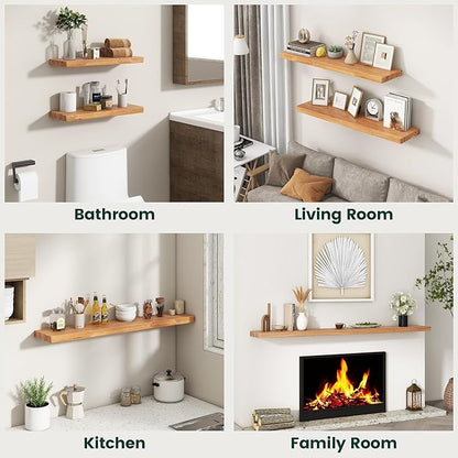 48 Inch Flat Edge Floating Shelves, 8 Inch Deep Solid Elm Wood Wall Shelf, Heavy-Duty Wall Mounted Shelf with Invisible Brackets for Living Room, Bathroom, Kitchen, Set of 1, Natural Color