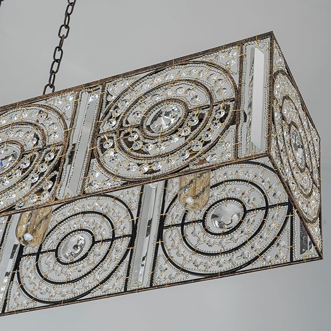 4-Lights Rectangle Crystal Chandelier for Dining Room, 42.12" Vintage Bronze Finish Large Chandeliers for High Ceilings, Flush Mount Pendant Light for Living Room Kitchen Island Bar