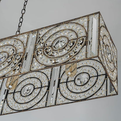 4-Lights Rectangle Crystal Chandelier for Dining Room, 42.12" Vintage Bronze Finish Large Chandeliers for High Ceilings, Flush Mount Pendant Light for Living Room Kitchen Island Bar
