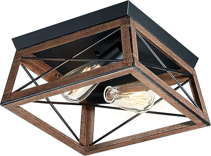 Pia Ricco Farmhouse Flush Mount Ceiling Light Fixture, Outdoor Porch Ceiling Lights, Rustic Industrial Style Square Close to Ceiling Light for Entry, Hallway, Kitchen, Patio, 2-Light, Brown