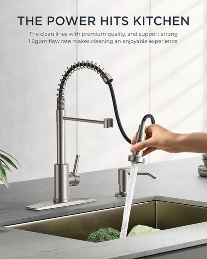 FORIOUS Kitchen Faucets, Brushed Nickel Kitchen Sink Faucet with Pull Down Sprayer, Commercial Kitchen Faucet Stainless Steel, Classic Single Handle Pull Out Sink Faucets for RV Laundry Utility Room
