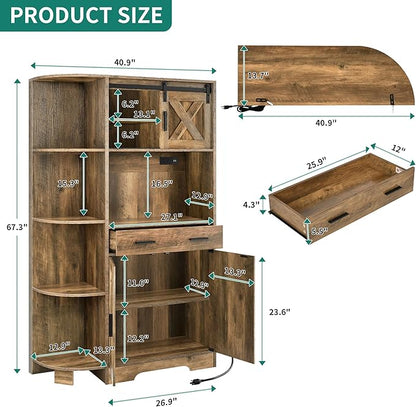 YITAHOME 67" Farmhouse Kitchen Pantry with Power Outlet, Sliding Barn Door Storage Cabinet w Charging Station, Freestanding Hutch with Shelves & Drawer, Microwave Stand Cupboard for Dining Room, Oak