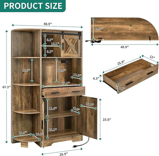 YITAHOME 67" Farmhouse Kitchen Pantry with Power Outlet, Sliding Barn Door Storage Cabinet w Charging Station, Freestanding Hutch with Shelves & Drawer, Microwave Stand Cupboard for Dining Room, Oak