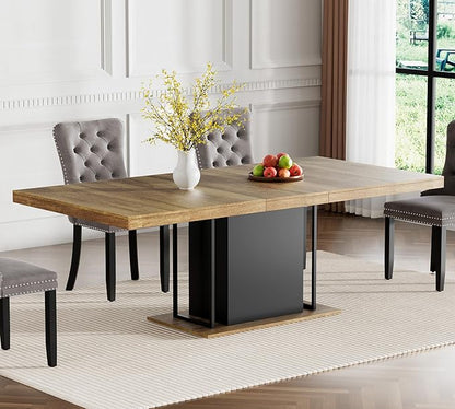 78.74" Wooden Extendable Dining Table for 8-10 People, Modern Farmhouse Expandable Kitchen Table with Black Pedestal Base, Long Large Rectangular Extendable Kitchen Dining Room Table, Brown