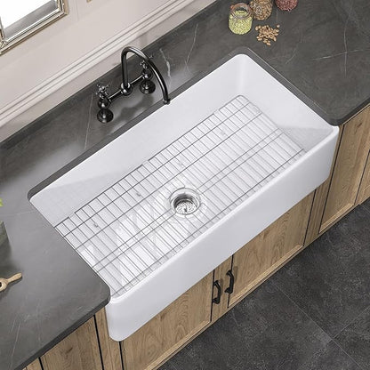 White Farmhouse Sink 33 inch Fireclay Apron Front Farm Sink Large Capacity Deep Single Bowl Kitchen Sinks with Accessories Protective Bottom Grid and Strainer