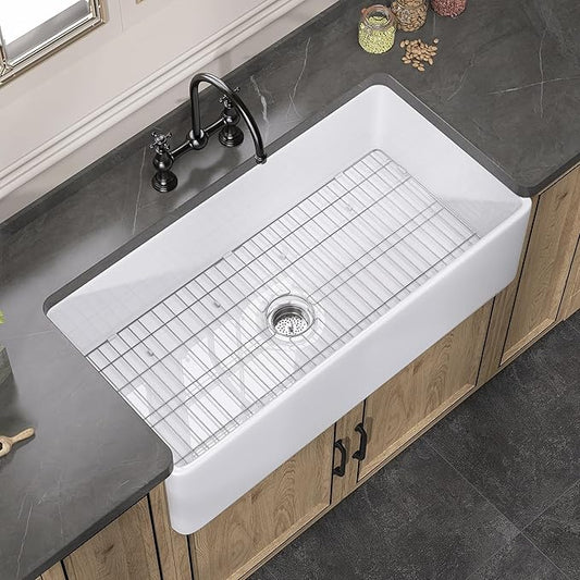 White Farmhouse Sink 33 inch Fireclay Apron Front Farm Sink Large Capacity Deep Single Bowl Kitchen Sinks with Accessories Protective Bottom Grid and Strainer