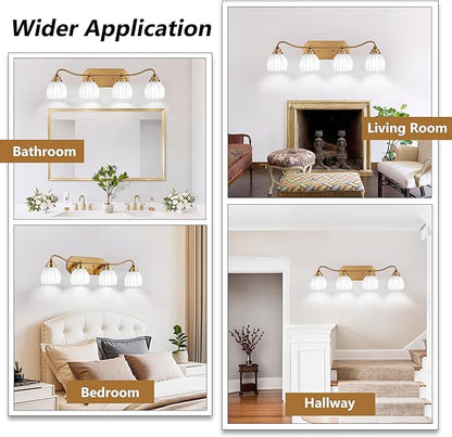 Vintage Bathroom Light Fixtures, Gold Bathroom Vanity Light, Matte Antique Brass Finish with Crystal Glass Shade, Wall Sconces Lighting for Bedroom, Living Room, Hallway (Milk White, 4-Light)
