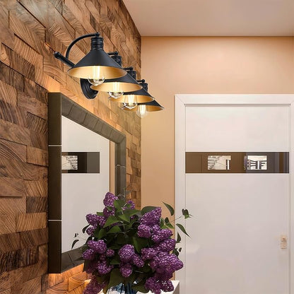 4 Light Bathroom Vanity Light Over Mirror - Black and Gold Farmhouse Wall Light for Bathroom Vanity Powder Room, Rustic Goose Neck Barn Style 4 Bulb Wall Sconce Over Kitchen Sink