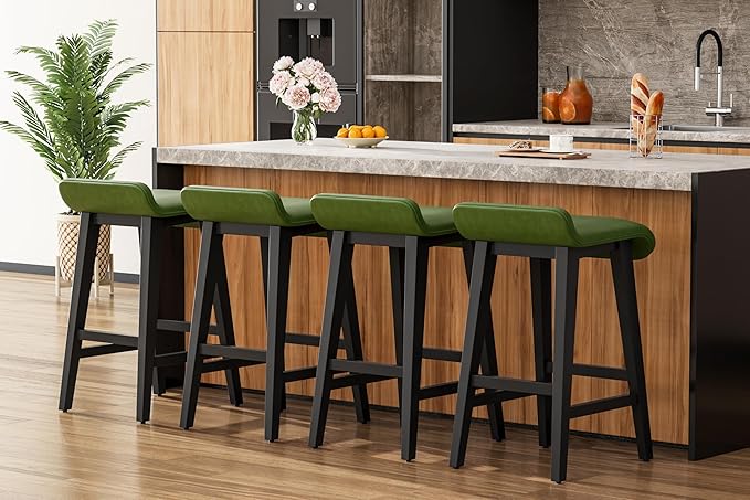 IDEALHOUSE 26.2" Solid Wood Bar Stools Set of 4, Counter Height Bar Stools with Wide PU Leather Upholstered Seat, Barstools Set for Kitchen Islands, Counter Bars, Green