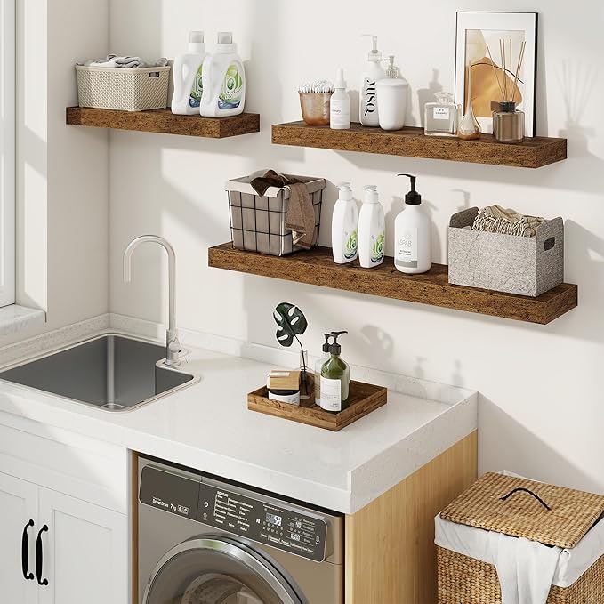 fuqing Floating Shelves for Wall, Wall Mounted Wood Floating Shelf with Invisible Brackets for Living Room, Bathroom, Bedroom, Kitchen Storage and Decor, 55 Inch Set of 2, Rustic Brown