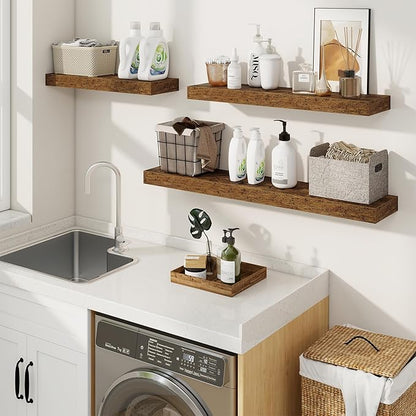 fuqing Floating Shelves for Wall, Wall Mounted Wood Floating Shelf with Invisible Brackets for Living Room, Bathroom, Bedroom, Kitchen Storage and Decor, 55 Inch Set of 2, Rustic Brown