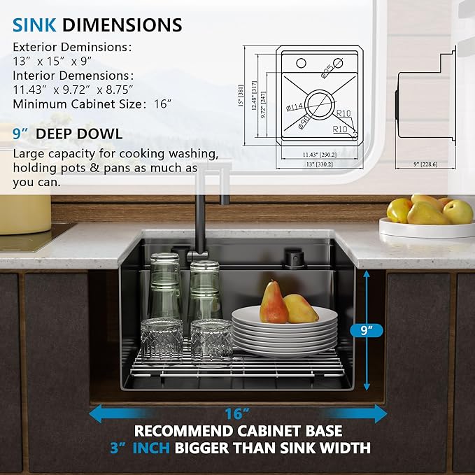 13"x15" Undermount RV Kitchen Sink Workstation – 16 Gauge 304 Stainless Steel Gunmetal Black NANO-PVD Single Bowl Basin with Foldable Faucet, for RV, Outdoor Camper, Mobile Home, Wet Bar