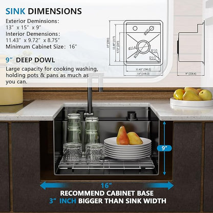 13"x15" Undermount RV Kitchen Sink Workstation – 16 Gauge 304 Stainless Steel Gunmetal Black NANO-PVD Single Bowl Basin with Foldable Faucet, for RV, Outdoor Camper, Mobile Home, Wet Bar