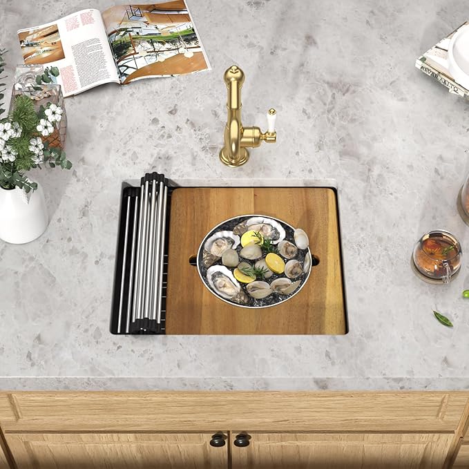 21"x18" Undermount Bar Sink Workstation - 21 Inch Granite Composite Matte Black Quartz Classic Single Bowl Under Counter Small Prep Rv Kitchen Sink All-In One #TLGU-140