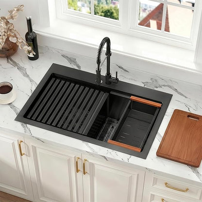 33 Inch Black Sink Drop-In Topmount Double Bowl, 16 Gauge 50/50 Double Bowl Stainless Steel Workstation Sink, 33" x 22" x 10" Large and Deep Kitchen Sink With Accessories