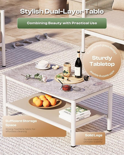 Aluminum Outdoor Patio Furniture Set with Dual-Layer Coffee Table, 5 Piece Modern Patio Conversation Sets with PE Rope, Outdoor Sectional Sofa with Thick Cushions for Balcony, Deck, Ivory