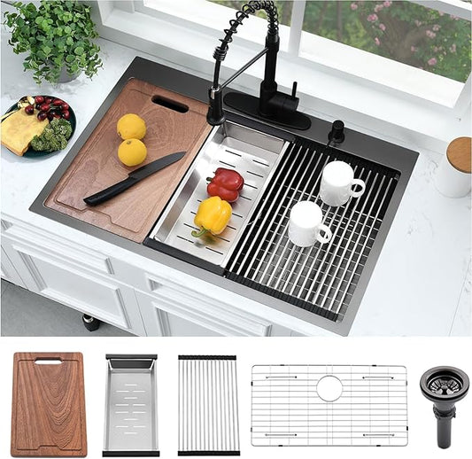 33 Black Drop In Kitchen Sink Workstation-Bokaiya 33x22 Drop In Sink Black Stainless Steel 16 Gauge 10 Inch Top Mount Workstation Sink with Cutting Board, Easy Install and Water Drain Fast