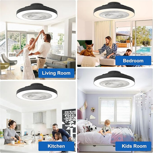 Depuley Modern Ceiling Fan with Light: 19" Flush Mount Low Profile LED Ceiling Fans with Remote & Smart APP Control - Black Bladeless Fandelier Dimmable Quiet DC Motor for Bedroom Kids Room 6 Speeds
