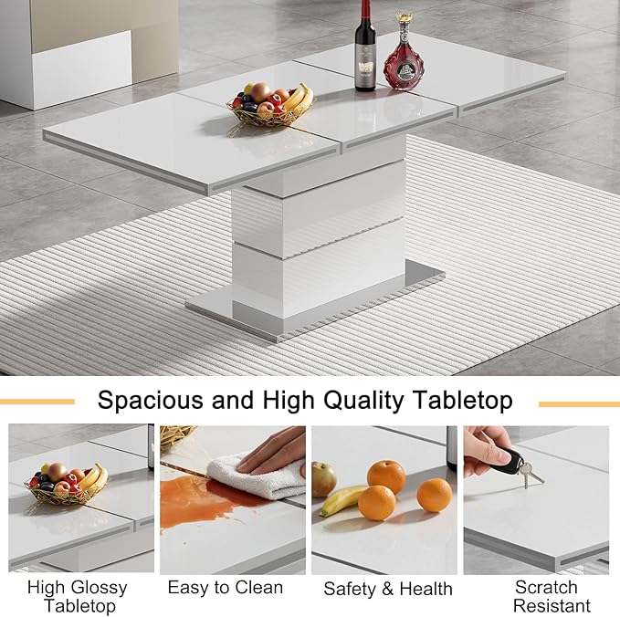 70" White Dining Table for 4 6, Modern Glossy Kitchen Table with 1.5" Thick Lacquered Tabletop and Silver Stainless Steel Trim, Luxury Rectangular Dinner Tables for Dining Room