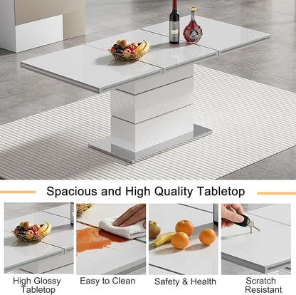 70" White Dining Table for 4 6, Modern Glossy Kitchen Table with 1.5" Thick Lacquered Tabletop and Silver Stainless Steel Trim, Luxury Rectangular Dinner Tables for Dining Room