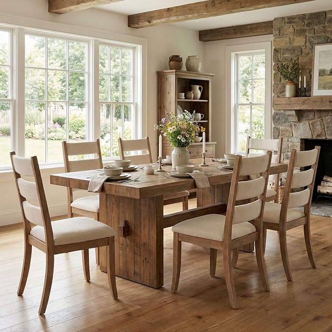 Beige Dining Chairs Set of 2, French Country Upholstered Chenille Ladder High Back Dining Room Kitchen Side Chairs with Brown Legs/Non-Slip Foot Mats