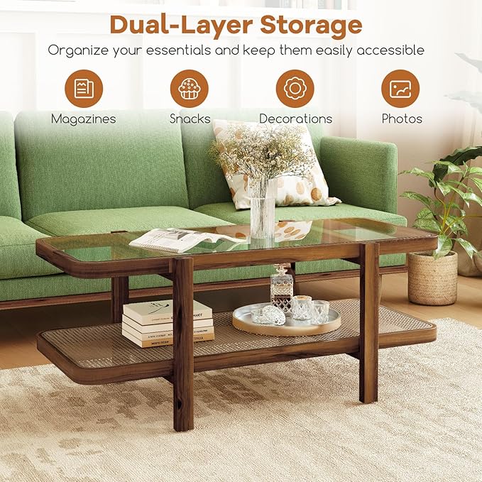 Tangkula Rattan Coffee Table, 47.5”L Boho Cocktail Tables, 2-Tier Center Table with Tempered Glass Tabletop, PE Rattan Shelf & Acacia Wood Frame, Mid Century Modern Tea Table for Living Room (Natural)