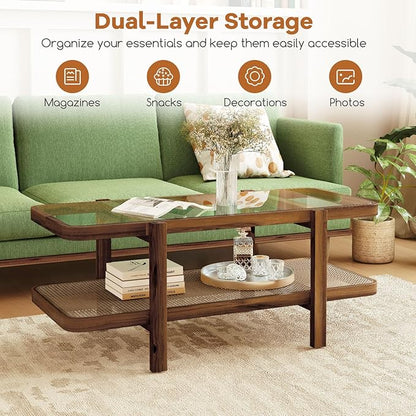 Tangkula Rattan Coffee Table, 47.5”L Boho Cocktail Tables, 2-Tier Center Table with Tempered Glass Tabletop, PE Rattan Shelf & Acacia Wood Frame, Mid Century Modern Tea Table for Living Room (Natural)