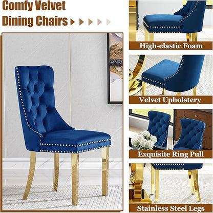 7-Piece Modern Luxury Dining Table Set, 70" Black Tempered Glass Dining Table with Gold Polished Stainless Steel U-Shaped Pedestal Base, 6 Blue Velvet Upholstered Chairs, for Dining Room, Office