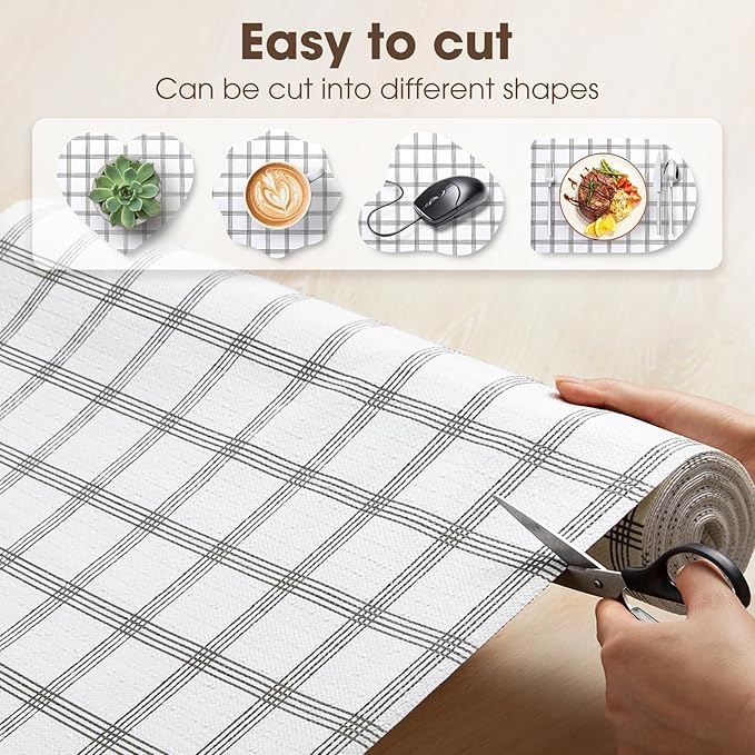 Drawer and Shelf Liner, Non-Slip Kitchen Cabinet Liners Non-Adhesive Thick Strong Grip Waterproof Washable Mats Protect Dresser Shelves Cupboard Bathroom Cabinets, White Stripes, 10 in X 20 FT
