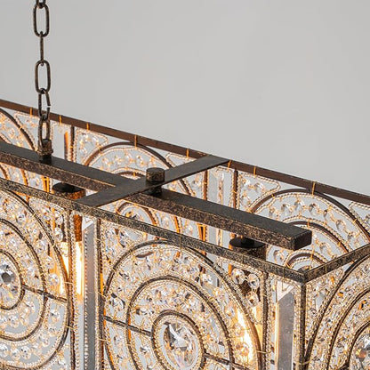 4-Lights Rectangle Crystal Chandelier for Dining Room, 42.12" Vintage Bronze Finish Large Chandeliers for High Ceilings, Flush Mount Pendant Light for Living Room Kitchen Island Bar