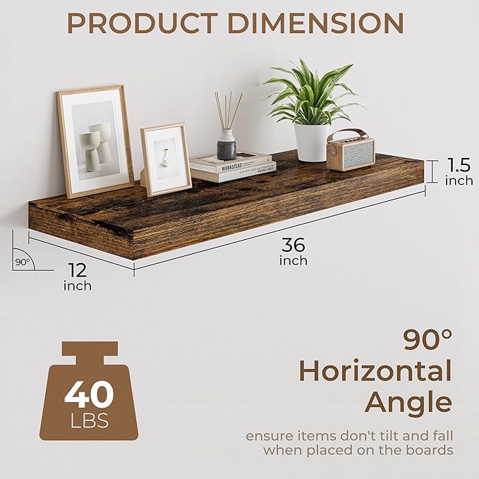 RICHFOCUS Deep Floating Shelves for Wall 2 Pack 12" D 36 Inch Wall Shelves for Room Wall|Wood Hanging Shelf with Invisible Brackets for Bathroom Bedroom Kitchen Laundry Room, Rustic Brown