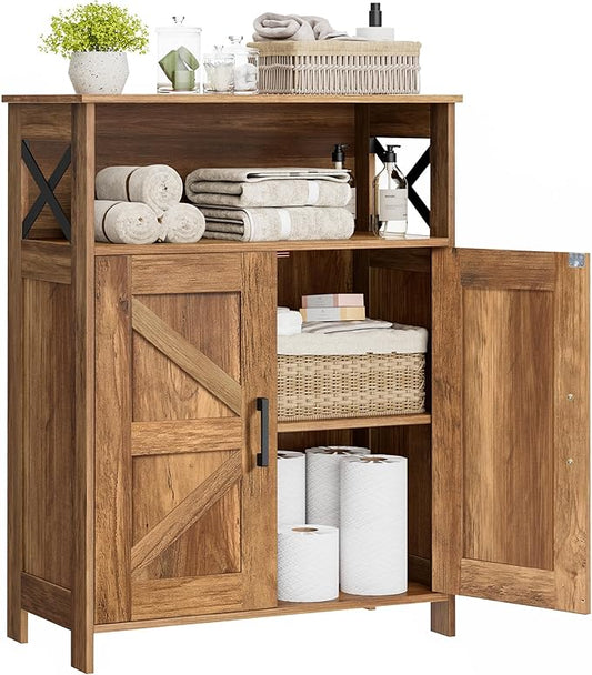 Homhedy Farmhouse Bathroom Storage Cabinet with 2 Doors, Toilet Paper Cabinet with Adjustable Shelves, Small Bathroom Cabinet for Kitchen/Laundry/Living Room, 11.8 x 23.6 x 31.5 Inches, Rustic Walnut