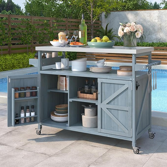 Modern Dining Table Outdoor Kitchen Island with Cabinet, Rolling Bar Cart, Farmhouse Solid Wood Grill Table with Stainless Steel Top, Spice Rack, Towel Rack for Kitchen Dining Room Tables,Blue