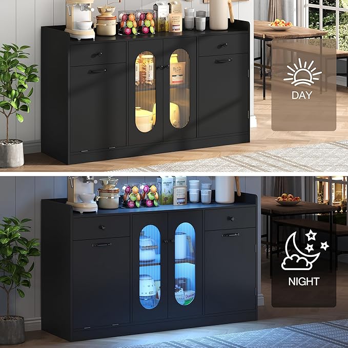 54" Farmhouse Sideboard Buffet Cabinet, Modern Credenza with LED Lights & Glass Doors, Black Credenza Storage & Kitchen Buffet with Countertop, 4 Doors 2 Shelves