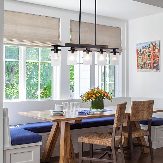 A Million Kitchen Island Lighting, Farmhouse Pendant Lights Kitchen Island, Chandeliers for Dining Room with Glass Shade and Adjustable Rods Pendant Lighting Fixture,E26 Socket (5-Light), Black-5