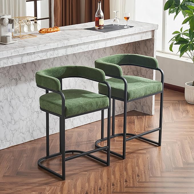 Modern Chenille Bar Stools Set of 2, Upholstered Counter Height Chairs with Metal e Armrests, Soft Chenille Fabric Bar Chairs for Kitchen Island, Dining Room, Home Bar,Green UR67