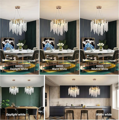 Tree Branches Chandeliers Luxury Round Raindrop Crystal Pendant Light Fixture 8 Light Tassel Ceiling Hanging Light for Dining Room Bedroom Living Room Entryway 15.8" Gold